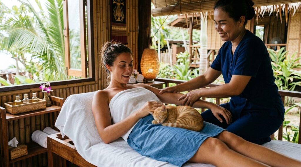 Turistas param para uma massagem e recebem uma surpresa adorável de um gato local