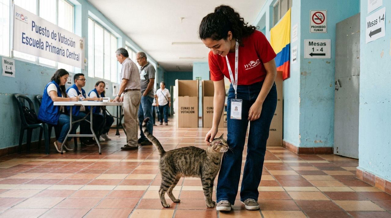 No dia da eleição, gato desgrenhado invade cabine de votação e implora por ajuda
