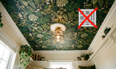 Adeus teto branco e sem graça: a nova técnica com papel de parede estampado para decorar banheiros e quartos pequenos com grande vantagem estética