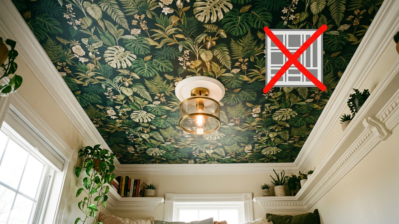 Adeus teto branco e sem graça: a nova técnica com papel de parede estampado para decorar banheiros e quartos pequenos com grande vantagem estética