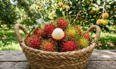 Essa fruta asiática exótica parece um morango cabeludo por fora mas por dentro é muito doce e suculenta como uma uva madura