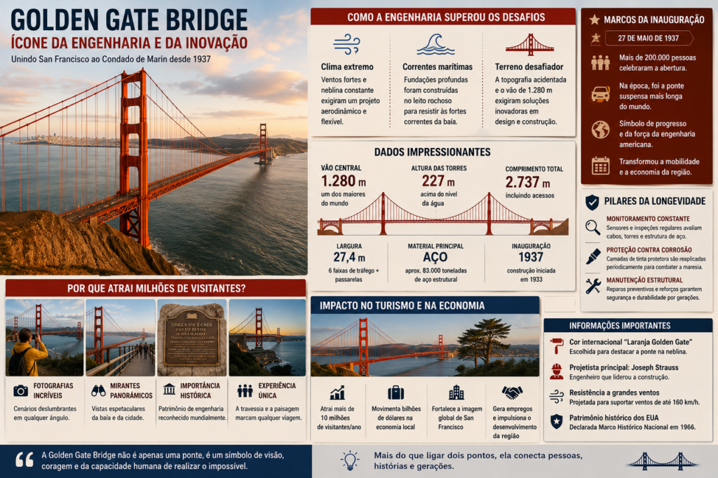 Construída em cerca de 4 anos, a Ponte Golden Gate tem 2,7 quilômetros de extensão, foi inaugurada em 1937 com mais de 80 mil toneladas de aço e virou um dos cartões-postais mais conhecidos dos Estados Unidos