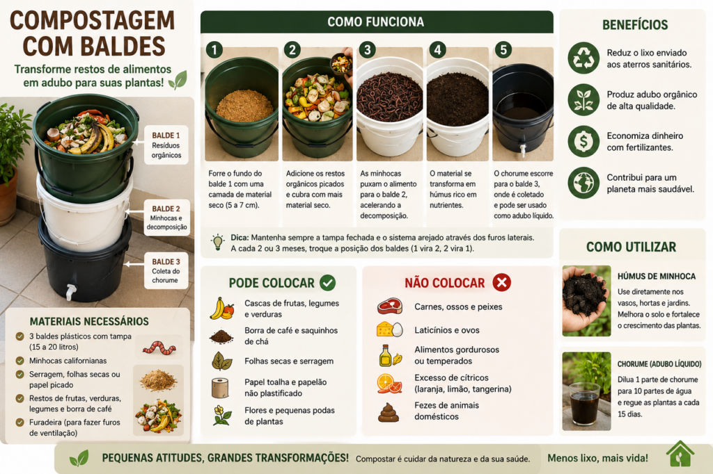 Agrônomo ensina a montar uma composteira doméstica com baldes sem usar produtos químicos