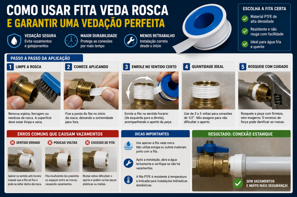 De 2 a 3 encanadores recomendam usar esta fita veda rosca para evitar vazamentos nas conexões