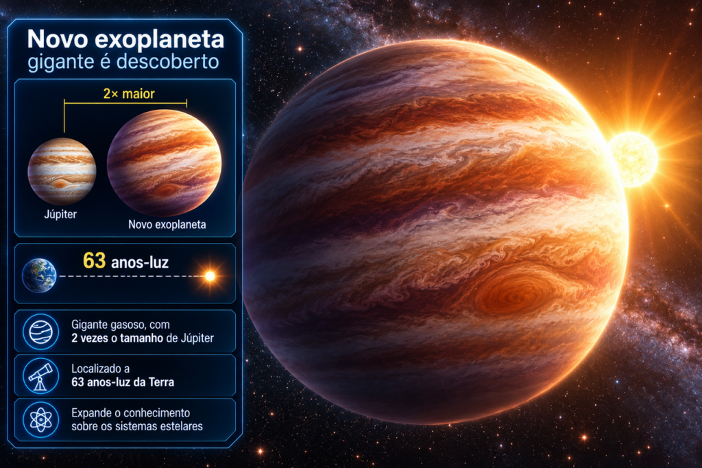 Astrônomos encontram exoplaneta a 63 anos luz da Terra com tamanho 2 vezes maior que Júpiter