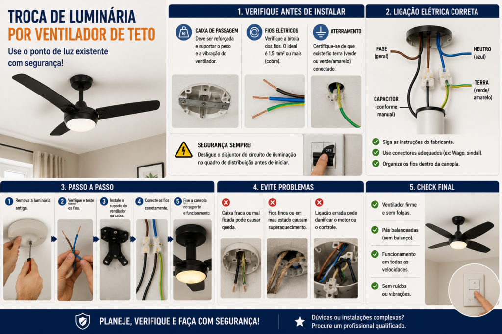 Como instalar um ventilador de teto sem refazer a instalação elétrica: quando isso realmente é possível