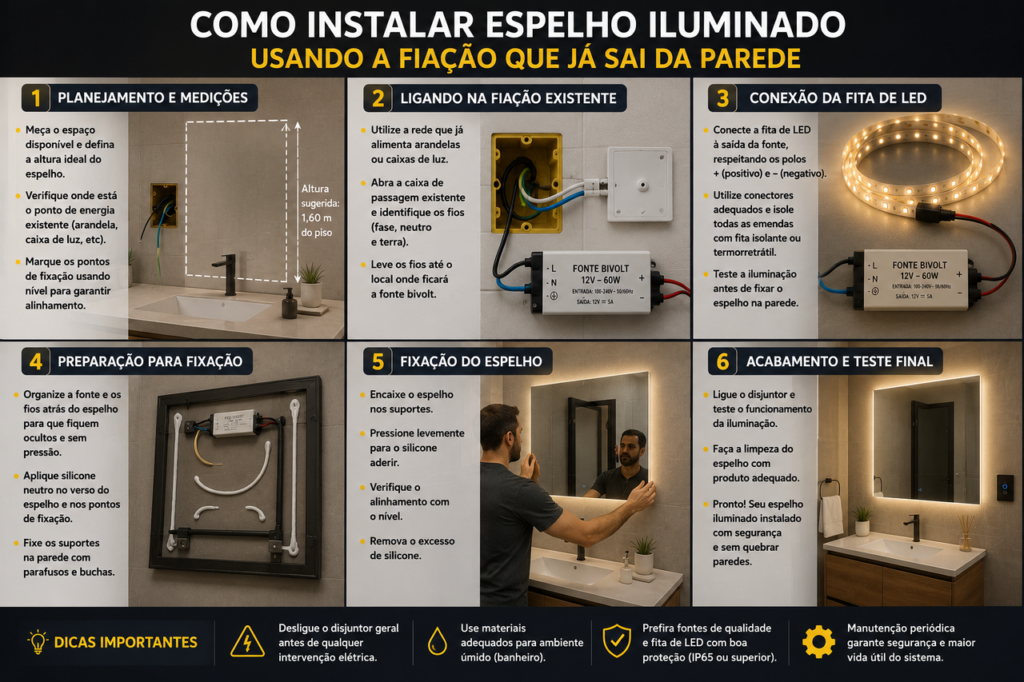 Vidraceiro ensina instalar um espelho iluminado sem passar novos cabos