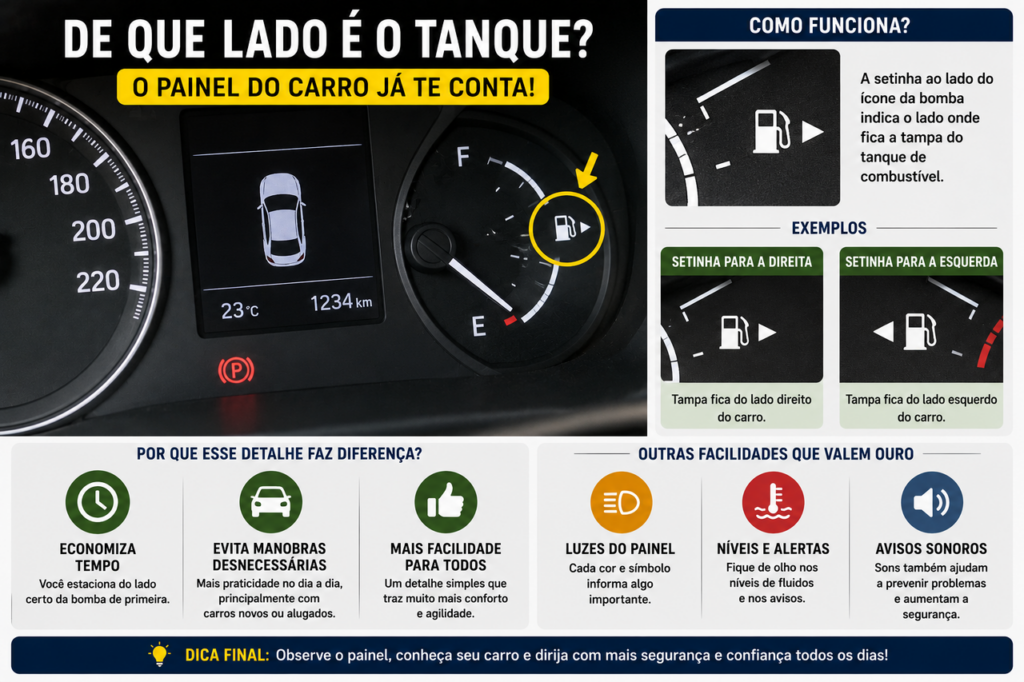 Para que serve a pequena seta ao lado do marcador de combustível no painel