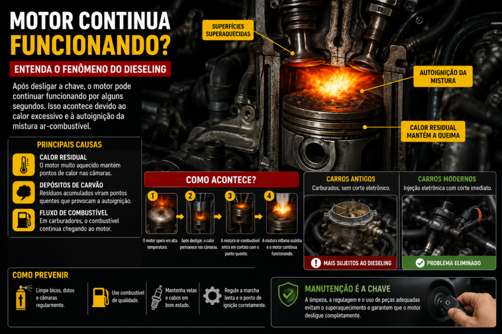 Por que alguns motores continuam funcionando por alguns segundos após desligar a ignição?