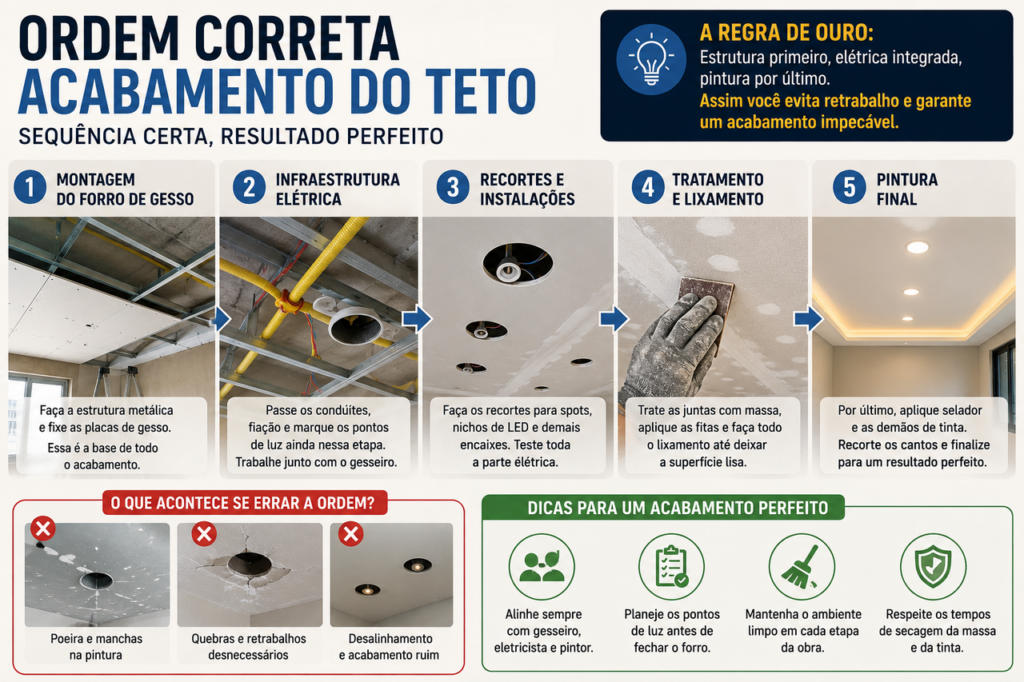 O que instalar primeiro no forro de gesso: iluminação ou pintura? Essa é a ordem correta