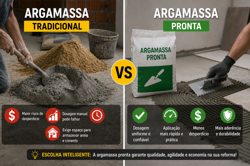 A argamassa industrializada garante uniformidade técnica e acelera o cronograma de trabalho na reforma residencial.