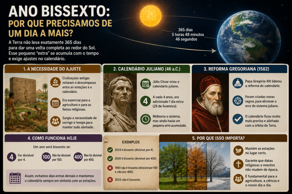 O tempo que a Terra leva para orbitar o Sol motivou a criação do ano bissexto para corrigir defasagens no calendário.
