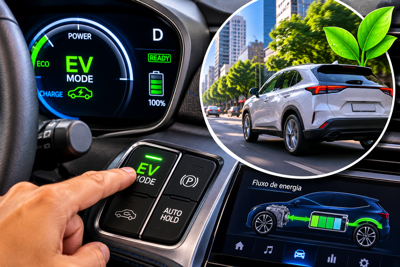 Para que serve o botão "EV Mode" encontrado em veículos híbridos?