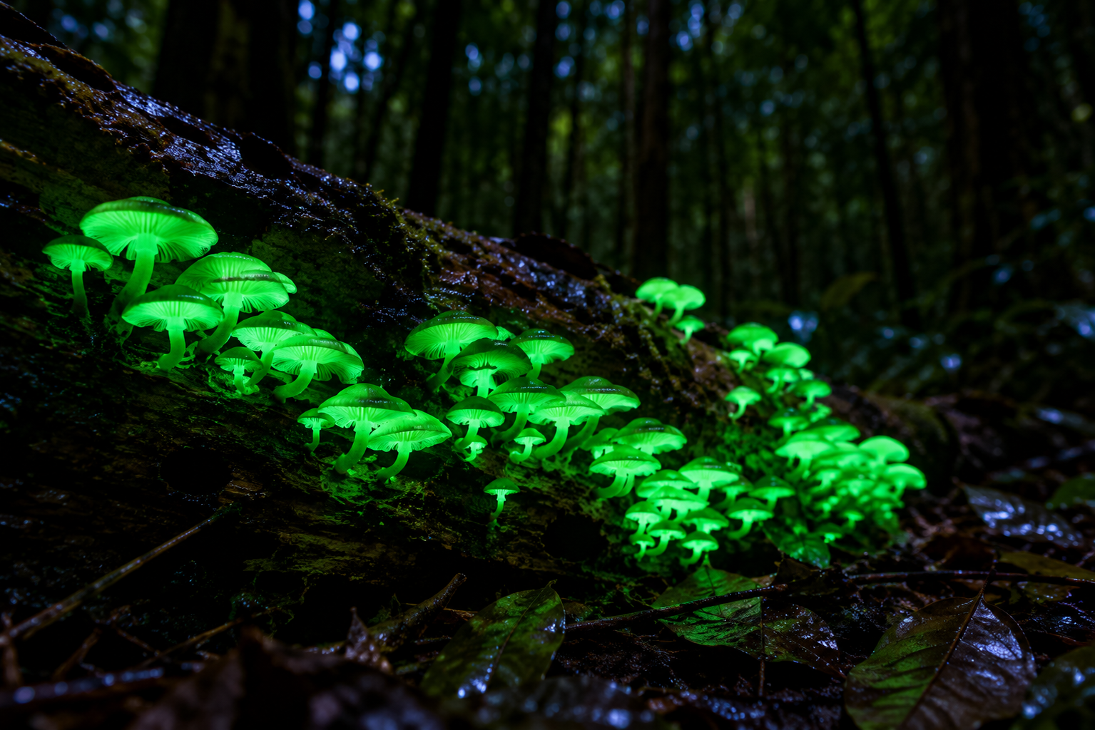 O fungo luminoso que brilha naturalmente durante a noite nas florestas