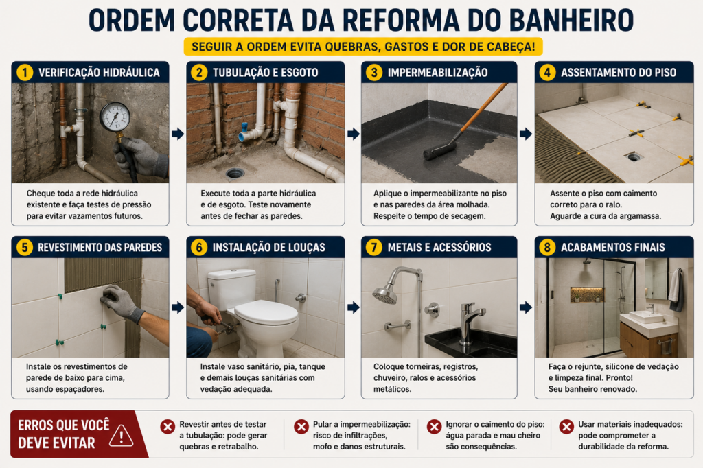 O que fazer primeiro na reforma do banheiro, a hidráulica ou o revestimento? Esta é a sequência recomendada