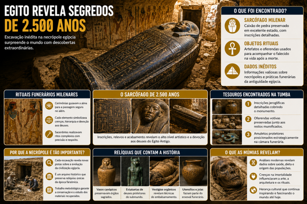 Sarcófago de 2.500 anos encontrado por arqueólogos revela vestígios de antigos rituais funerários