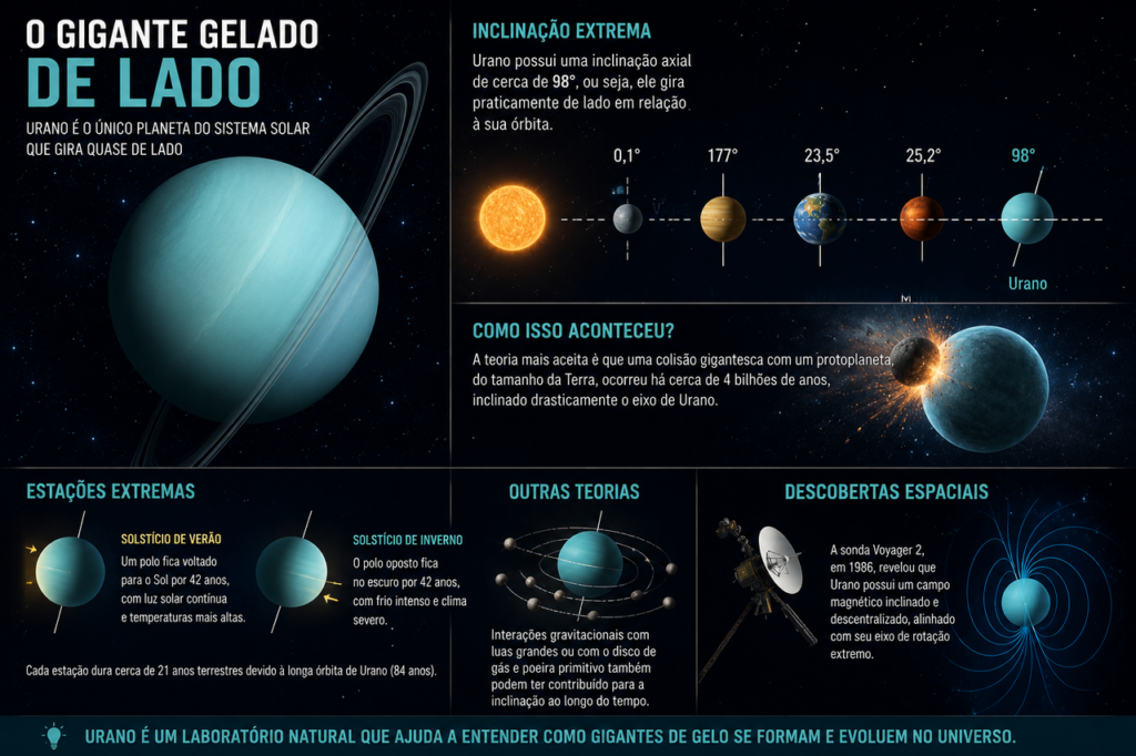 Por que Urano gira praticamente de lado em relação aos outros planetas?