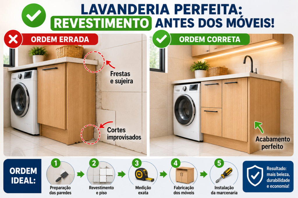 O que instalar primeiro na lavanderia, os revestimentos ou os móveis planejados? Esta é a sequência recomendada