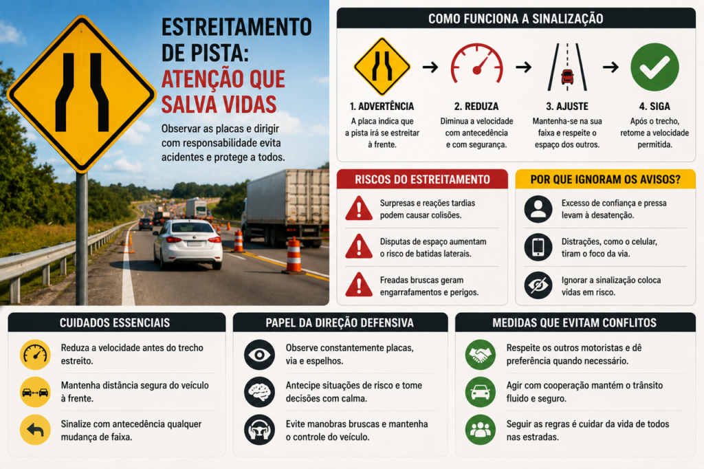 O que significa a placa de estreitamento de pista que muitos só percebem ao chegar ao trecho?