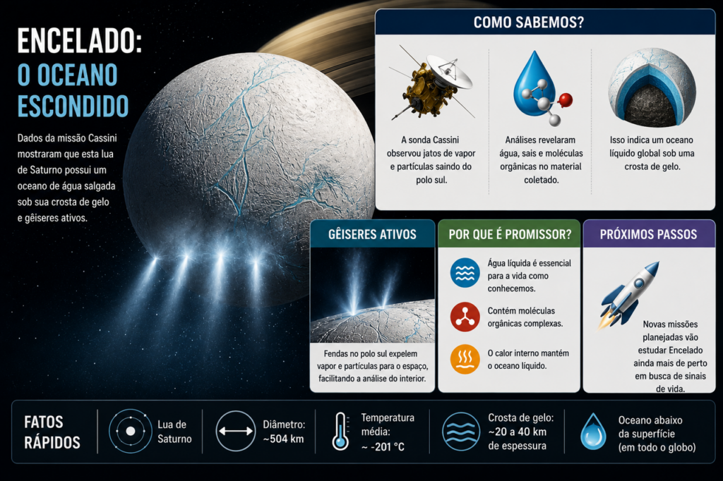 A lua de Saturno que abriga um oceano escondido sob uma espessa camada de gelo