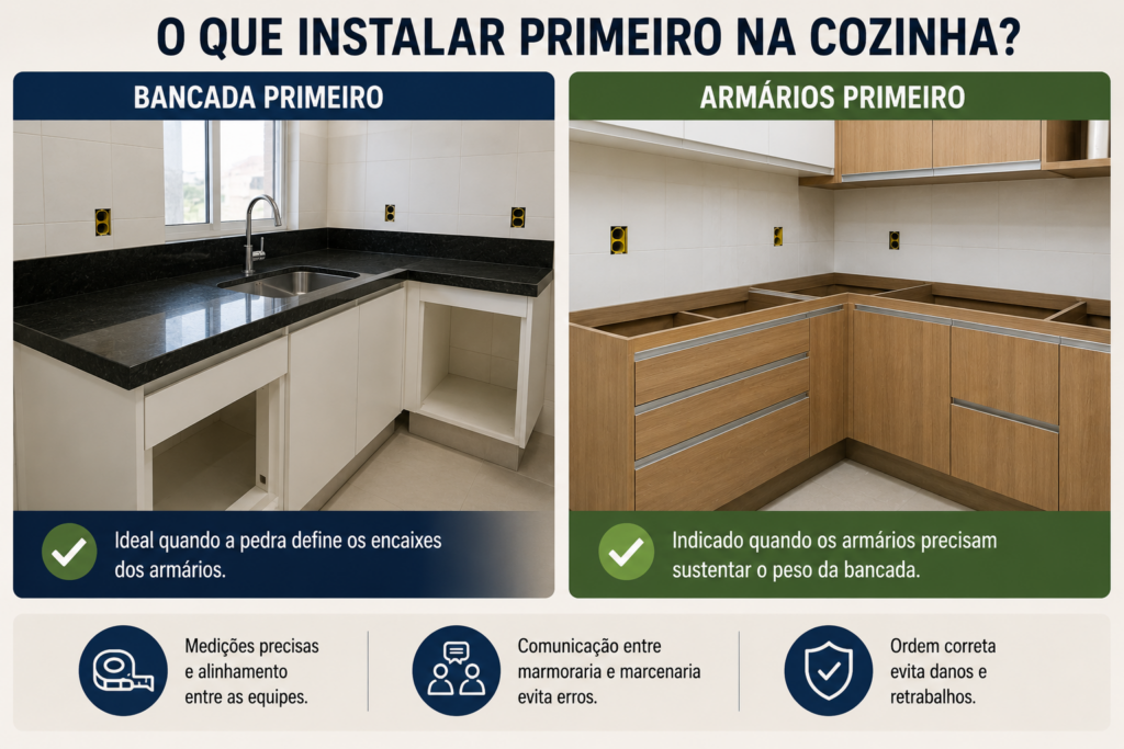 O que instalar primeiro na cozinha, a bancada ou os armários planejados? Esta é a ordem indicada