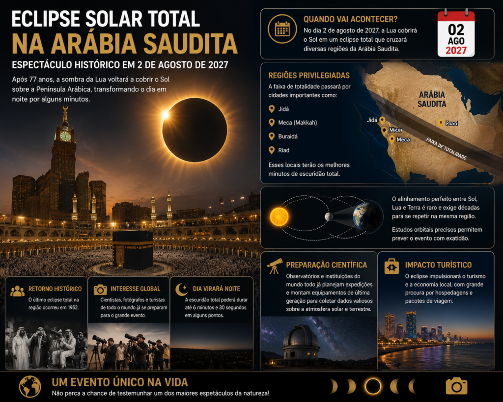 Depois de 77 anos: eclipse excepcional na Arábia Saudita promete transformar o dia em noite na próxima segunda-feira