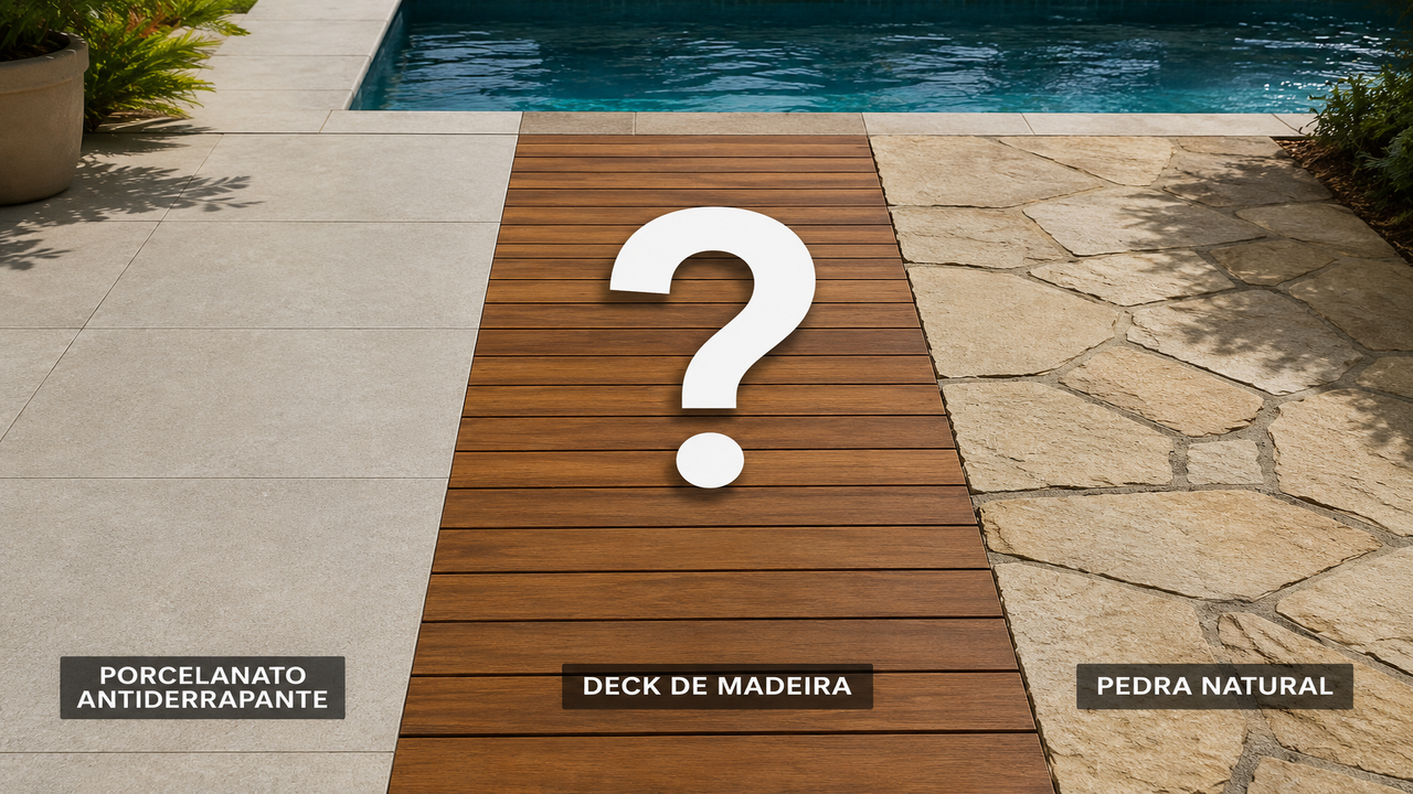 Qual o melhor piso para área de piscina: porcelanato antiderrapante, deck de madeira ou pedra?