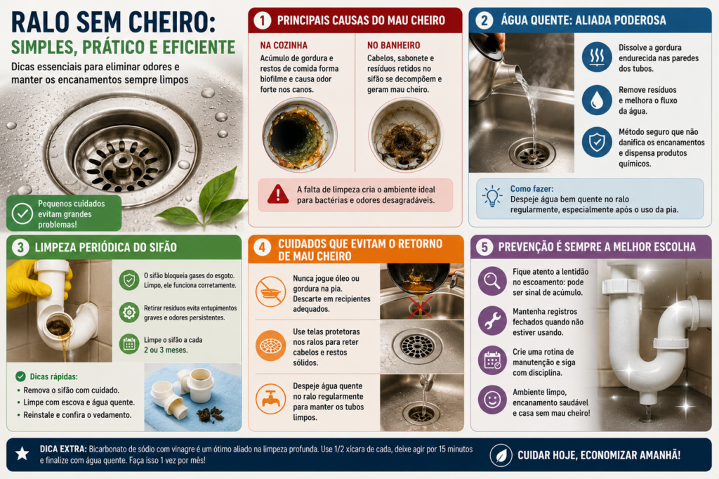Encanador explica como a combinação de água quente e limpeza do sifão elimina o mau cheiro persistente dos ralos da cozinha e do banheiro