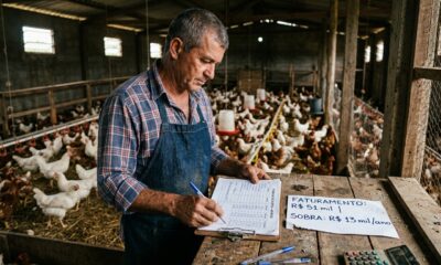Produtor rural investe R$ 45 mil para criar 200 frangos de corte por lote em sistema integrado, entrega 6 lotes por ano, recebe R$ 8.500 por lote da integradora, fatura R$ 51 mil ao ano, mas gasta R$ 38 mil entre energia, ração complementar, manutenção de galpão e mão de obra, sobram R$ 13 mil, menos de R$ 1.100 por mês