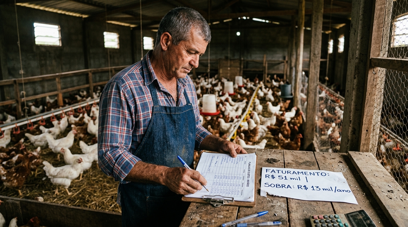 Produtor rural investe R$ 45 mil para criar 200 frangos de corte por lote em sistema integrado, entrega 6 lotes por ano, recebe R$ 8.500 por lote da integradora, fatura R$ 51 mil ao ano, mas gasta R$ 38 mil entre energia, ração complementar, manutenção de galpão e mão de obra, sobram R$ 13 mil, menos de R$ 1.100 por mês