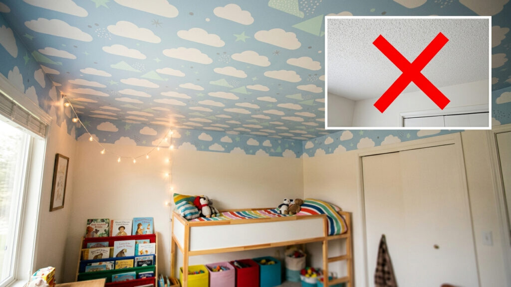 Adeus teto branco e sem graça: a nova técnica com papel de parede estampado para decorar banheiros e quartos pequenos com grande vantagem estética