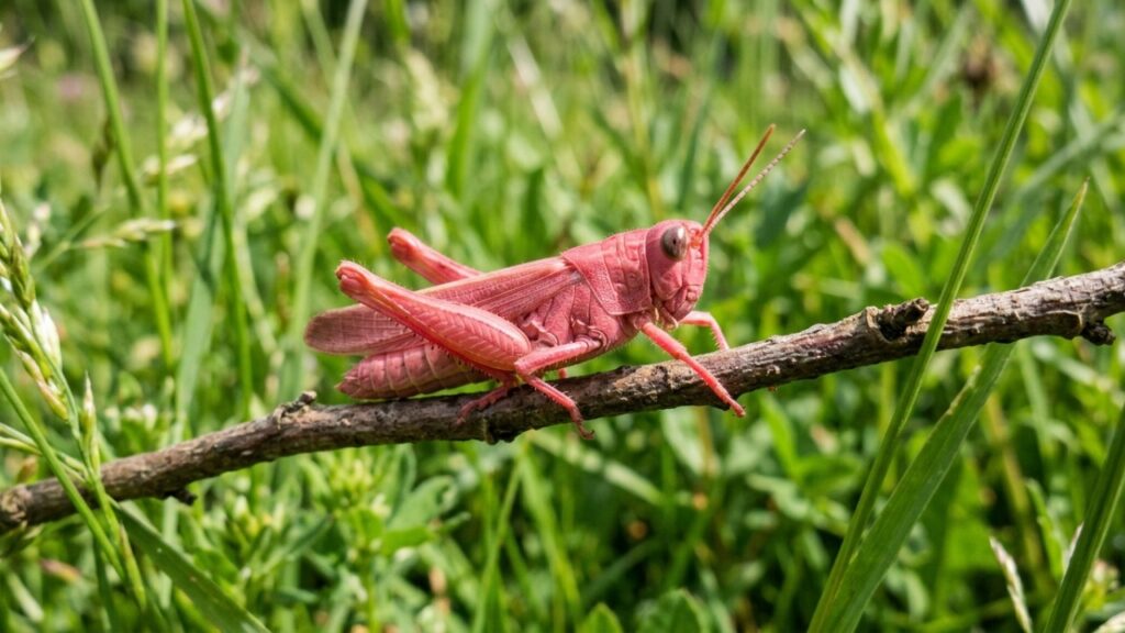 Gafanhoto rosa chama atenção em descoberta rara e mostra como uma mutação pode transformar a aparência de um inseto
