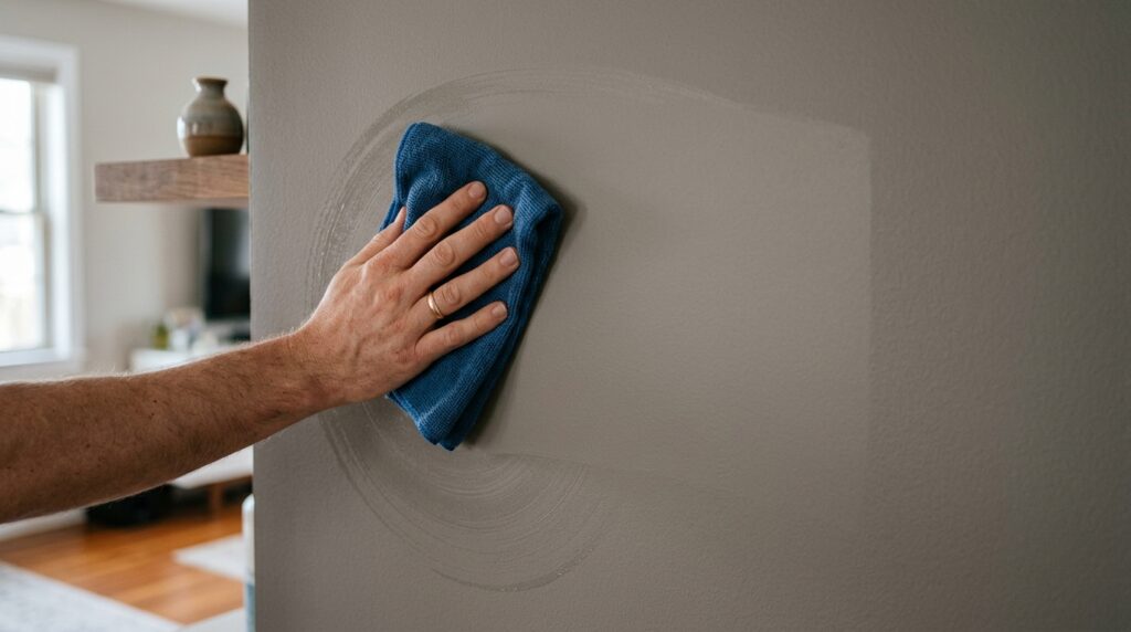 Pintor profissional explica como uma limpeza controlada remove manchas da parede sem desbotar nem danificar a tinta