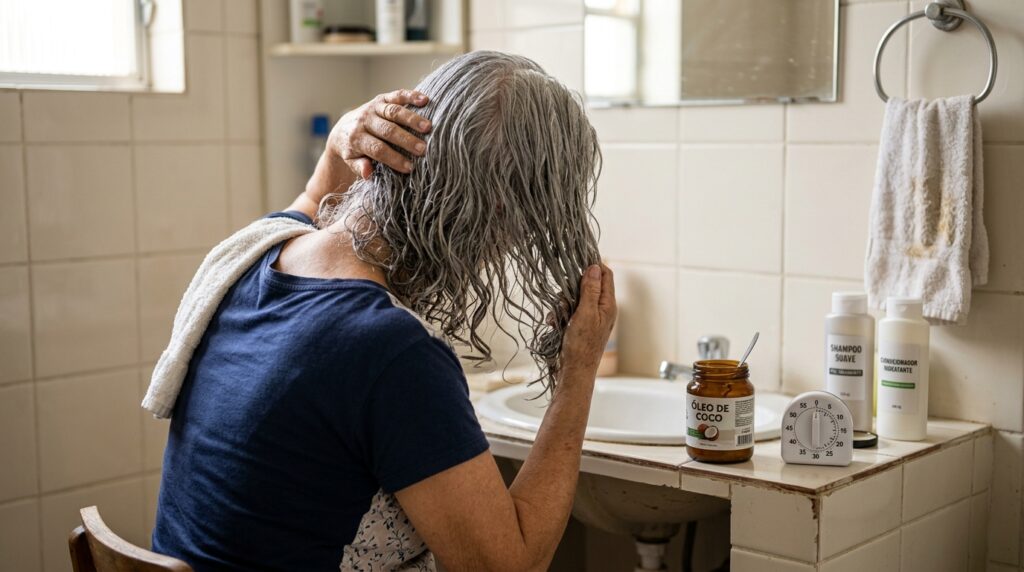 Aplicar óleo de coco antes do shampoo nos cabelos grisalhos: para que serve e por que esse cuidado protege os fios