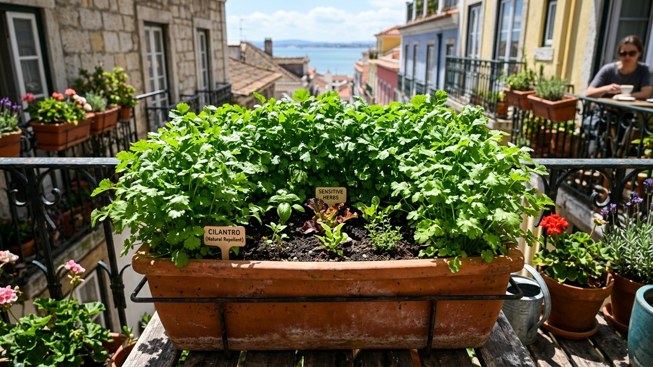 Cultivo de coentro em floreiras de varanda: para que serve o cheiro forte dessa folha como barreira viva contra pulgões nas plantas