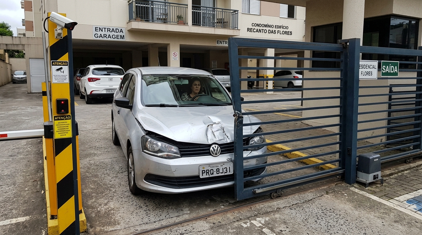 Moradora estaciona na própria garagem mas o portão automático do prédio fecha antes da hora e amassa o capô do carro, condomínio se recusa a pagar e síndico alega que o morador "demorou para entrar"