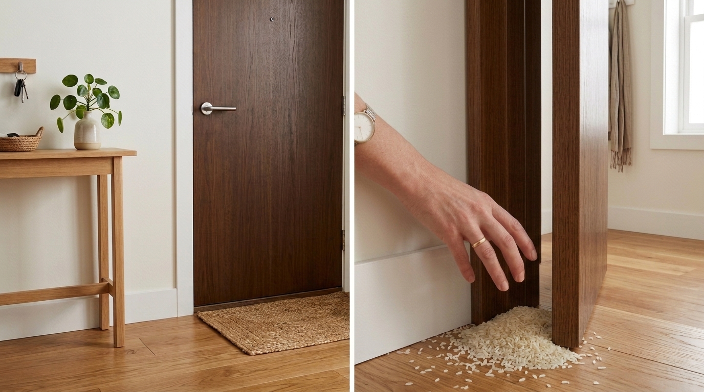 arroz cru atrás da porta simboliza fartura, cuidado e prosperidade na entrada da casa.