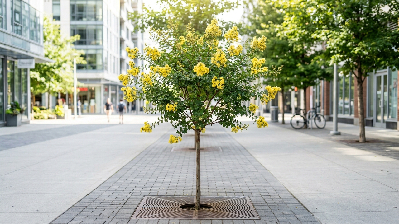 Essa árvore de pequeno porte é perfeita para calçadas estreitas: ela não racha o piso da calçada, não tem espinhos e dá flores amarelas lindas