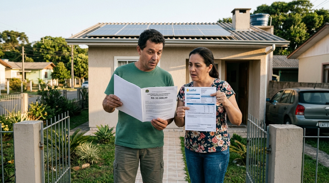Casal instala painel solar de R$ 32 mil financiado para reduzir a conta de luz, no terceiro mês a distribuidora muda a regra de compensação e a economia prometida pela empresa cai pela metade