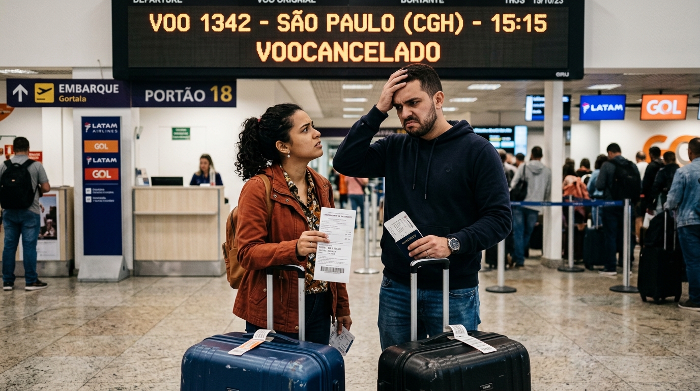 Casal compra passagem aérea de R$ 6.200 com milhas e dinheiro para a lua de mel, companhia cancela o voo 72 horas antes e oferece remarcação só para data fora do período de férias