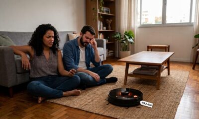 Casal compra robô aspirador de R$ 2.400 como presente de casamento, com 14 dias o aparelho liga mas não sai do lugar, fica girando em círculos, loja diz que "é configuração do sensor" e manda assistir tutorial no YouTube em vez de trocar