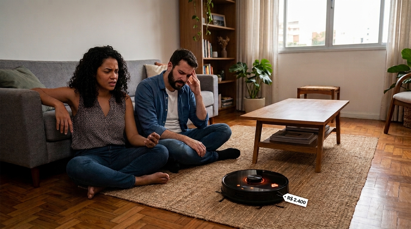 Casal compra robô aspirador de R$ 2.400 como presente de casamento, com 14 dias o aparelho liga mas não sai do lugar, fica girando em círculos, loja diz que "é configuração do sensor" e manda assistir tutorial no YouTube em vez de trocar