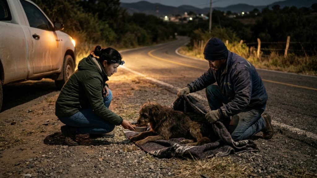 Cachorro de rua oferece a pata repetidamente a um casal na beira da estrada e eles descobrem que o gesto escondia um pedido urgente de ajuda