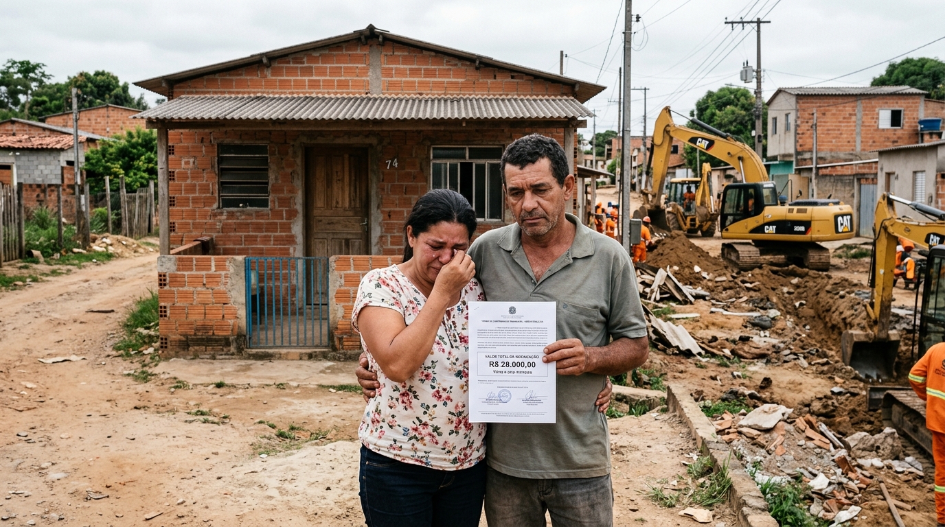 Família ocupa lote em área de invasão consolidada, gasta R$ 70 mil erguendo a casa e mora ali por anos, mas quando a prefeitura anuncia obra pública a indenização oferecida não cobre nem metade do investido