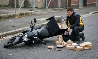 Entregador compra moto 160cc zero financiada em 48 parcelas de R$ 580, freio traseiro trava aos 11 dias e ele cai com o baú cheio de entregas, moto riscada, mercadoria perdida e concessionária diz que "queda não é coberta pela garantia"