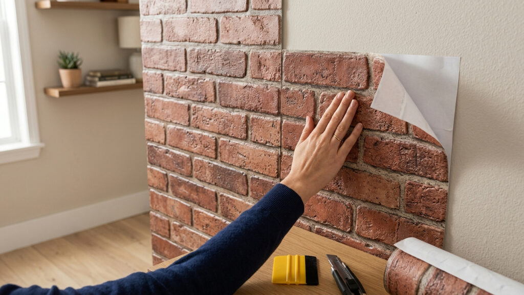 Adeus parede sem graça na sala: a nova técnica com papel adesivo de tijolo aparente para criar um painel estilo loft urbano em um fim de semana