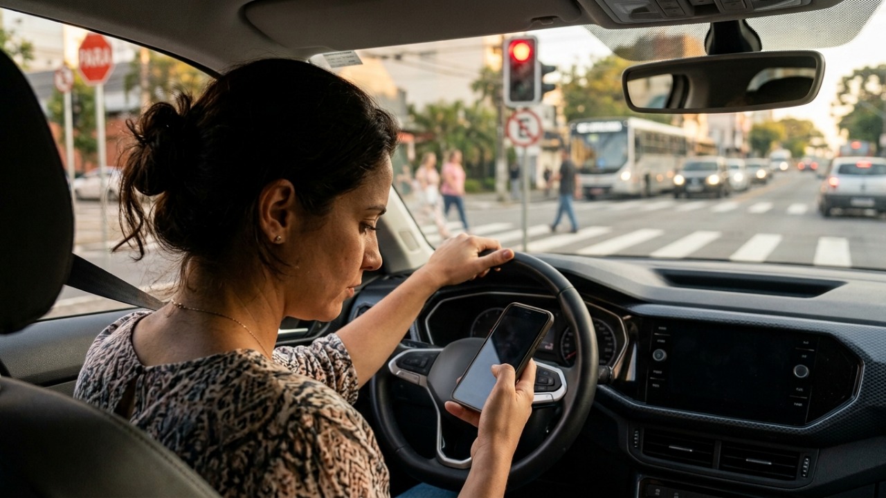 Motorista pega o celular para ler uma mensagem no sinal, é flagrado com o aparelho na mão e recebe multa de R$ 293 e 7 pontos na CNH