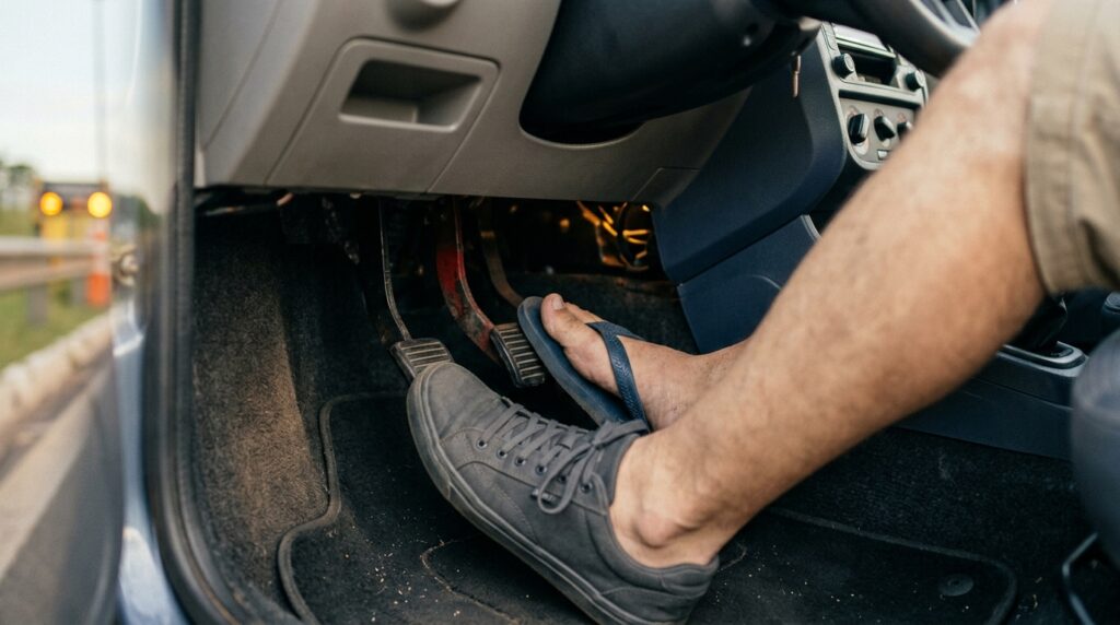 Homem é parado numa blitz dirigindo de chinelo e já se prepara para a multa, mas o agente explica que isso não existe no Código de Trânsito — o que dá multa é o calçado que atrapalha o controle dos pedais