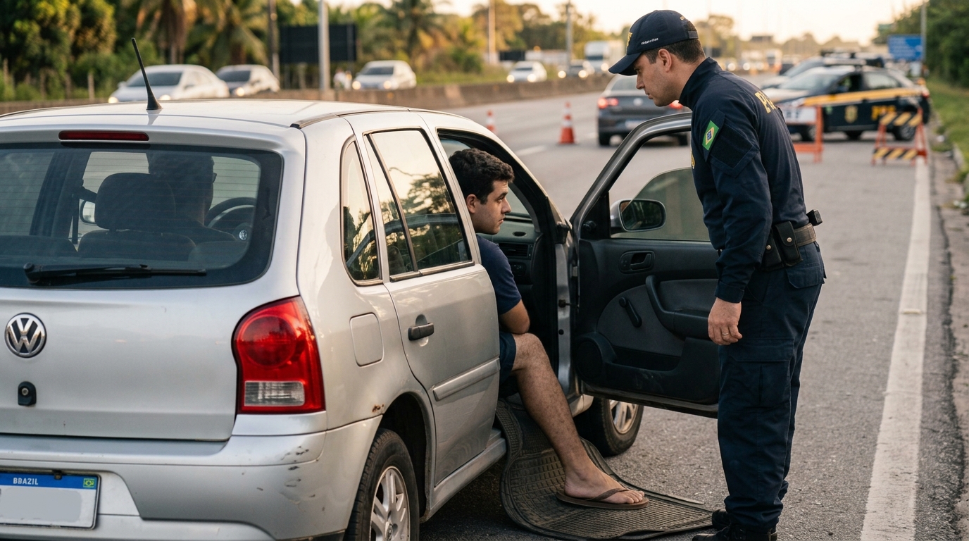 Homem é parado numa blitz dirigindo de chinelo e já se prepara para a multa, mas o agente explica que isso não existe no Código de Trânsito — o que dá multa é o calçado que atrapalha o controle dos pedais