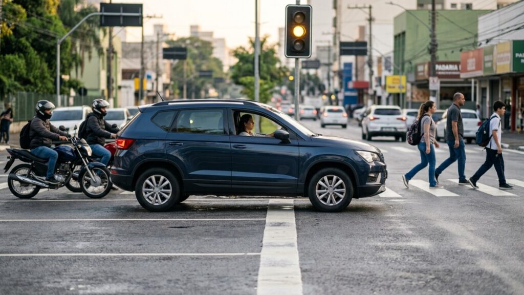 Ao ver o sinal amarelo, o motorista deve parar ou continuar? Uma decisão de segundos pode terminar em multa de R$ 293,47 e 7 pontos na CNH se o veículo avançar no vermelho